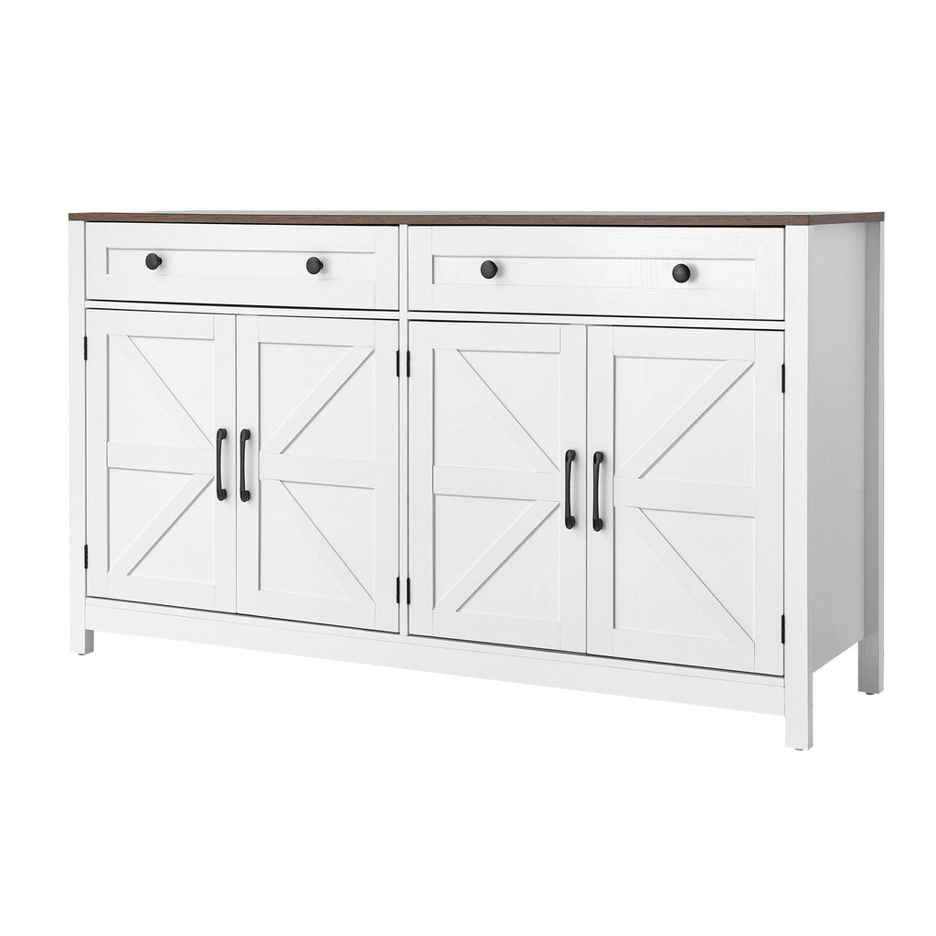 Coffee Bar Cabinet, Farmhouse Coffee Bar Table with 2 Drawers, Buffet Stand Cabinet with 4 Barn Doors, Sideboard Buffet Station for Living Room, Entryway, Kitchen, 55.1 x 15.5 x 31.5 in, White