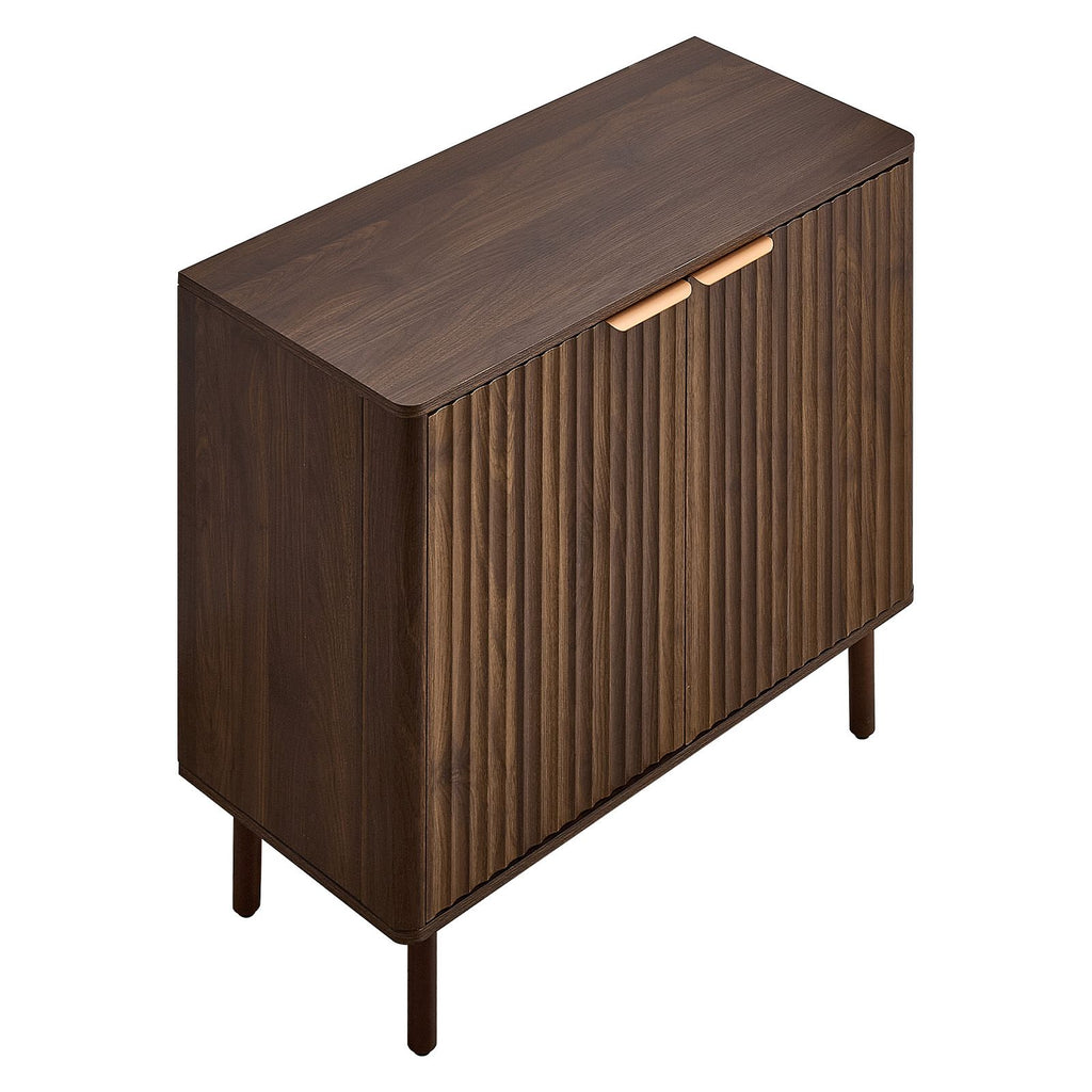 Coffee Bar Cabinet, Mid Century Fluted Coffee Bar Table with 2-Tier Storage, Buffet Stand Cabinet with Barn Door, Sideboard Buffet Station for Living Room, Entryway, 31.5 x 14.7 x 31.5 in Walnut