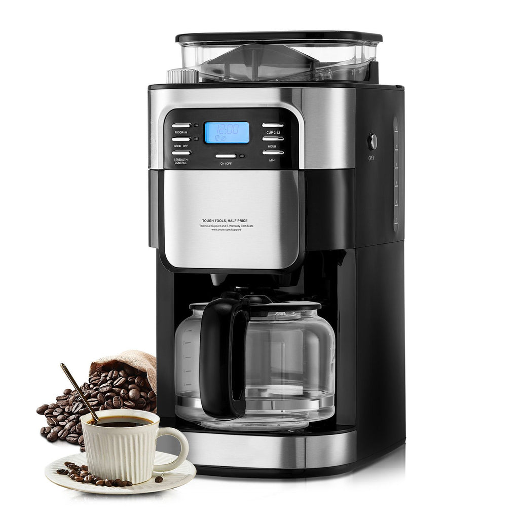 Coffee Maker with Grinder, 12 Cup Coffee Machine, Grind and Brew Coffee Maker with 3 Brew Strength Control, 24-Hour Timer for Auto Brew, for Home Office Restaurant
