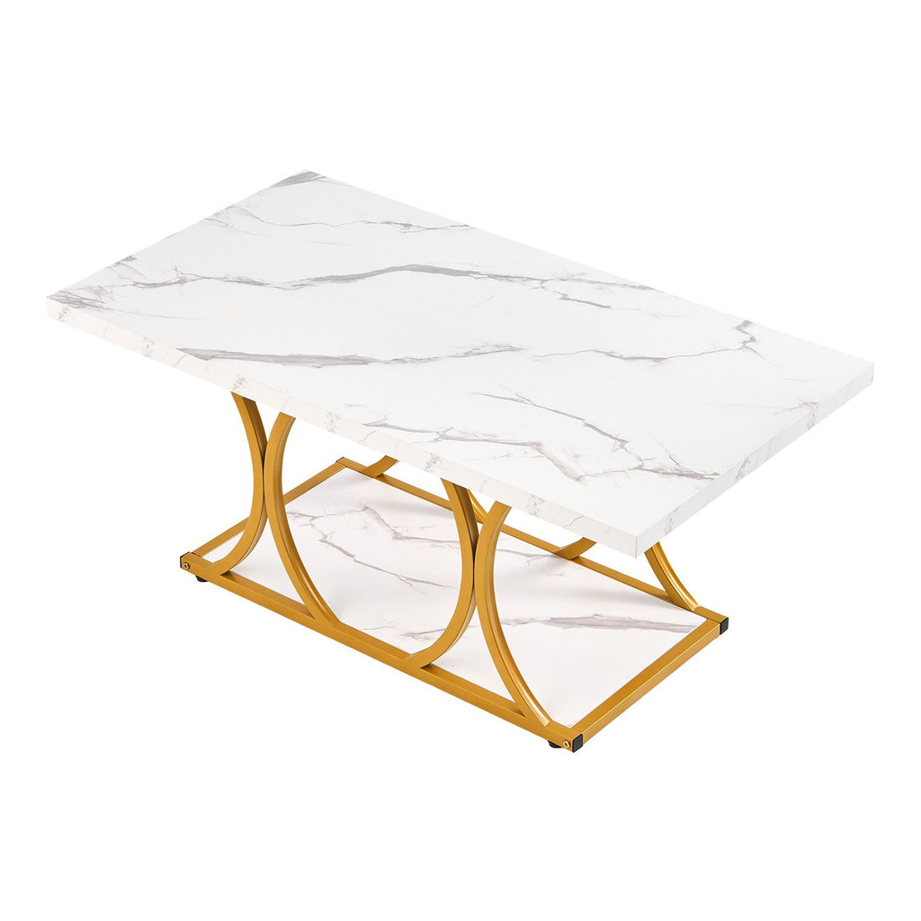 Coffee Table, Modern Faux Marble Coffee Table, Large 2-Tier Rectangle Center Desk with Geometric Legs, Minimalist Sturdy Metal Frame Accent End Desk for Living Room, Office, Easy Assembly, White