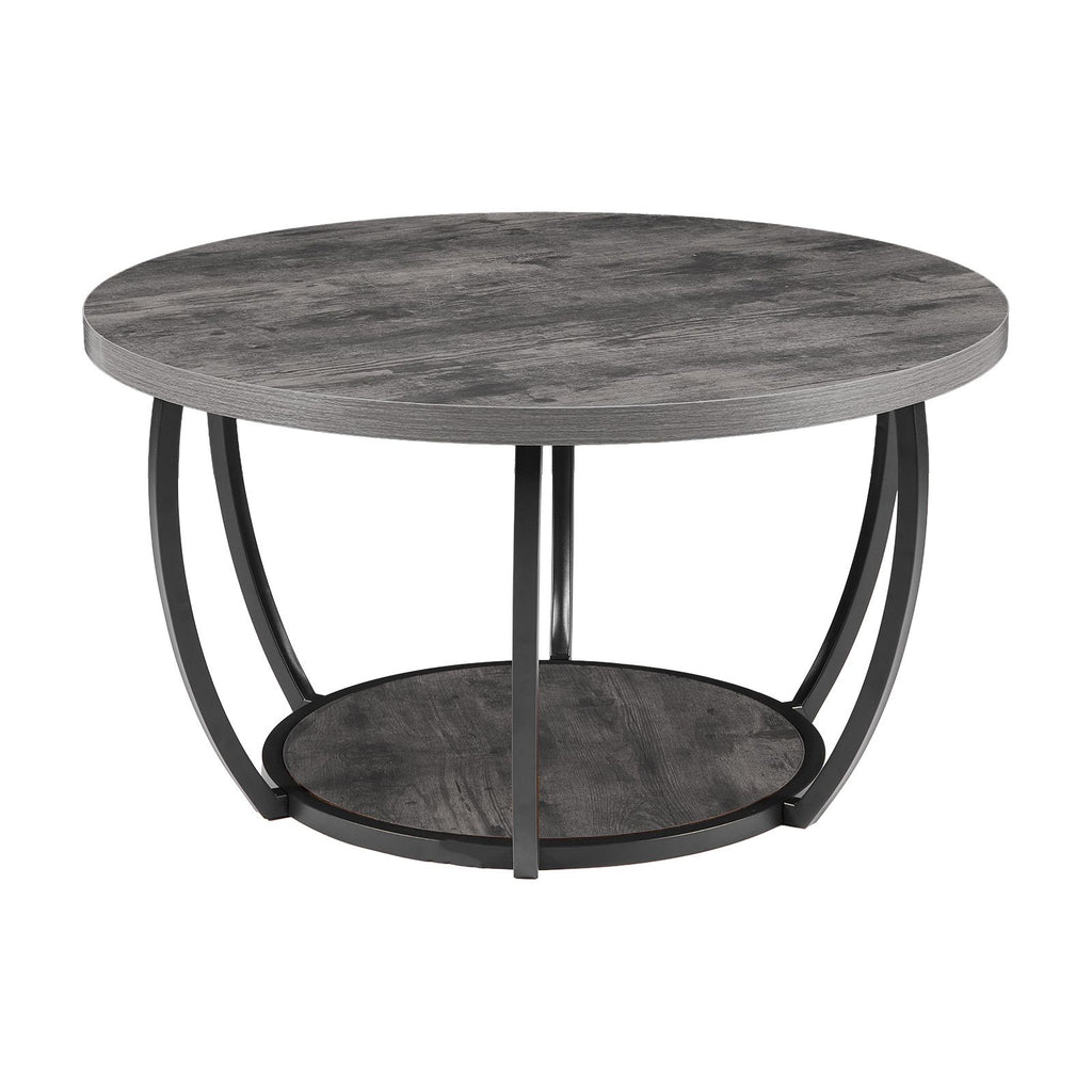 Coffee Table, Modern Round Coffee Table, 2 Tiers Wooden Circle Center Desk with Open Storage, Minimalist Sturdy Metal Frame Accent End Desk for Living Room, Office, Easy Assembly, Grey
