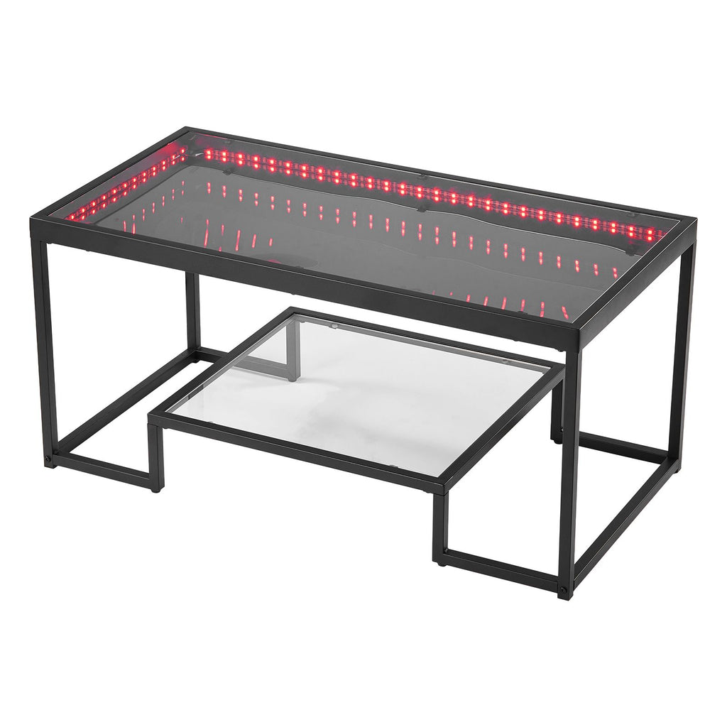 Coffee Table, Modern Tempered Glass Coffee Table with Lighting, 2 Tiers Rectangle Glass Center Desk with Open Storage, Minimalist Metal Accent End Desk for Living Room, Office, Easy Assembly