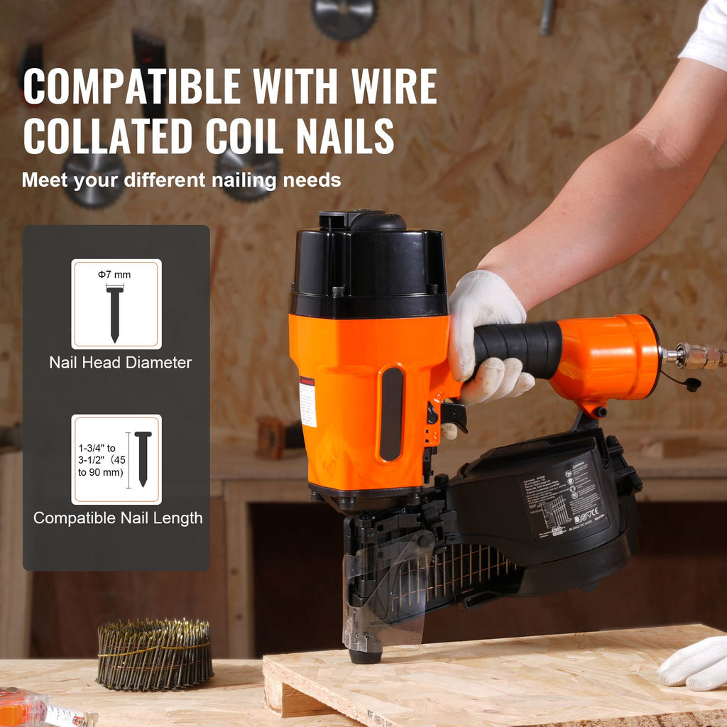 Coil Framing Nailer MCN90, 1-3/4" to 3-1/2" 15 Degree Pneumatic Framing Nail Gun with Tool-Less Depth Adjustment, 90-120PSI Air Coil Nailer for Framing, Wall Flooring and Wall Assembly image 2