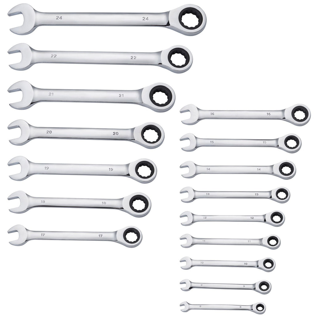 Combination Wrench Set, 16-Piece Ratcheting Wrench Set with Organizer Rack, Cr-V Steel Wrench Set Metric 8 mm to 24 mm, Ideal for General Household, Garage, Workshop, Auto Repairs, Emergency