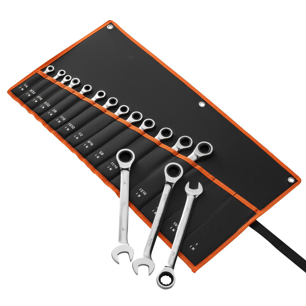 Combination Wrench Set, 16-Piece SAE Sizes, 72 Teeth, Cr-V Steel Ratcheting Wrench Set, with Roll Up Pouch, Open End, Clear Size Labels, for General Household and Automotive Repairs, Silver