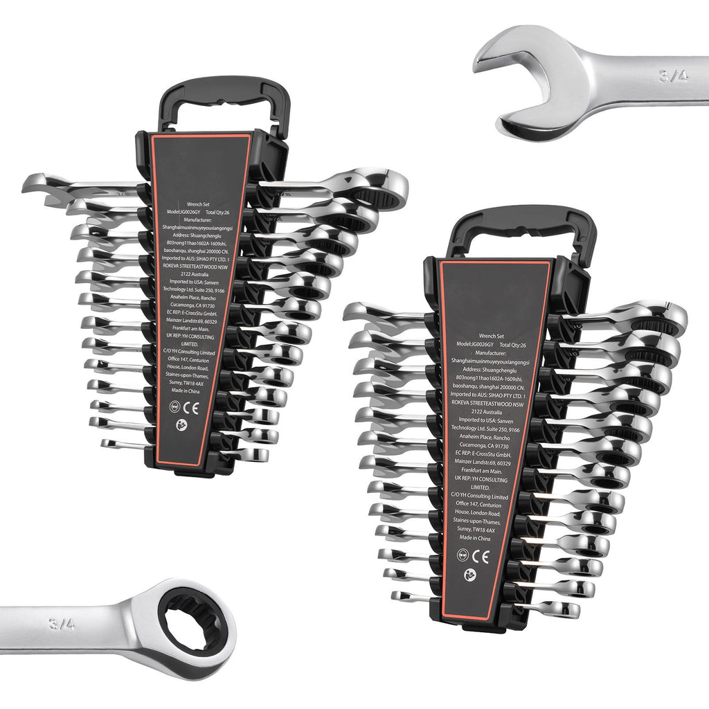 Combination Wrench Set, 26-Piece SAE and Metric, 72 Teeth, Cr-V Steel Ratcheting Wrench Set, with Rack Organizer, Open End, Clear Size Labels, for General Household, Automotive Repairs, Silver