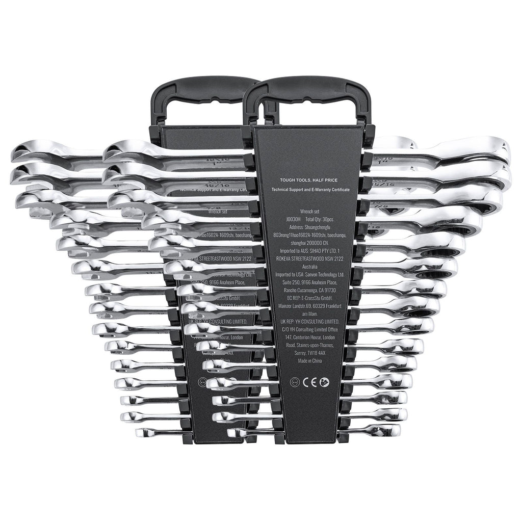 Combination Wrench Set, 30-Piece Ratcheting Wrench Set with Organizer Rack, Cr-V Steel Wrench Set SAE 1/4" to 1", Metric 8 mm to 24 mm, Ideal for General Household, Garage, Workshop, Emergency