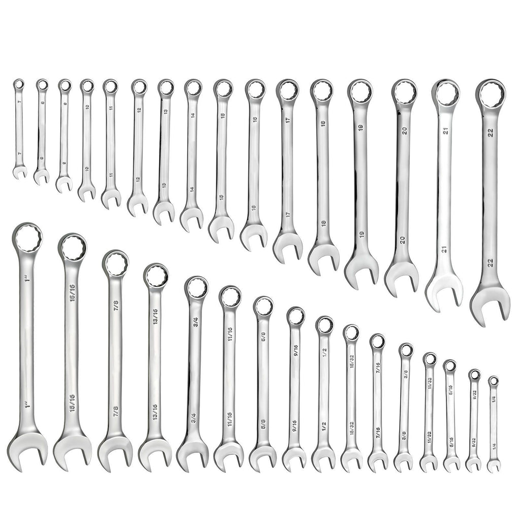 Combination Wrench Set, 32-Piece SAE and Metric, 12-Point Box End and 15° Angled Open End Combination Wrenches with Roll Up Pouch, Carbon Steel, for General Household and Automotive Repairs