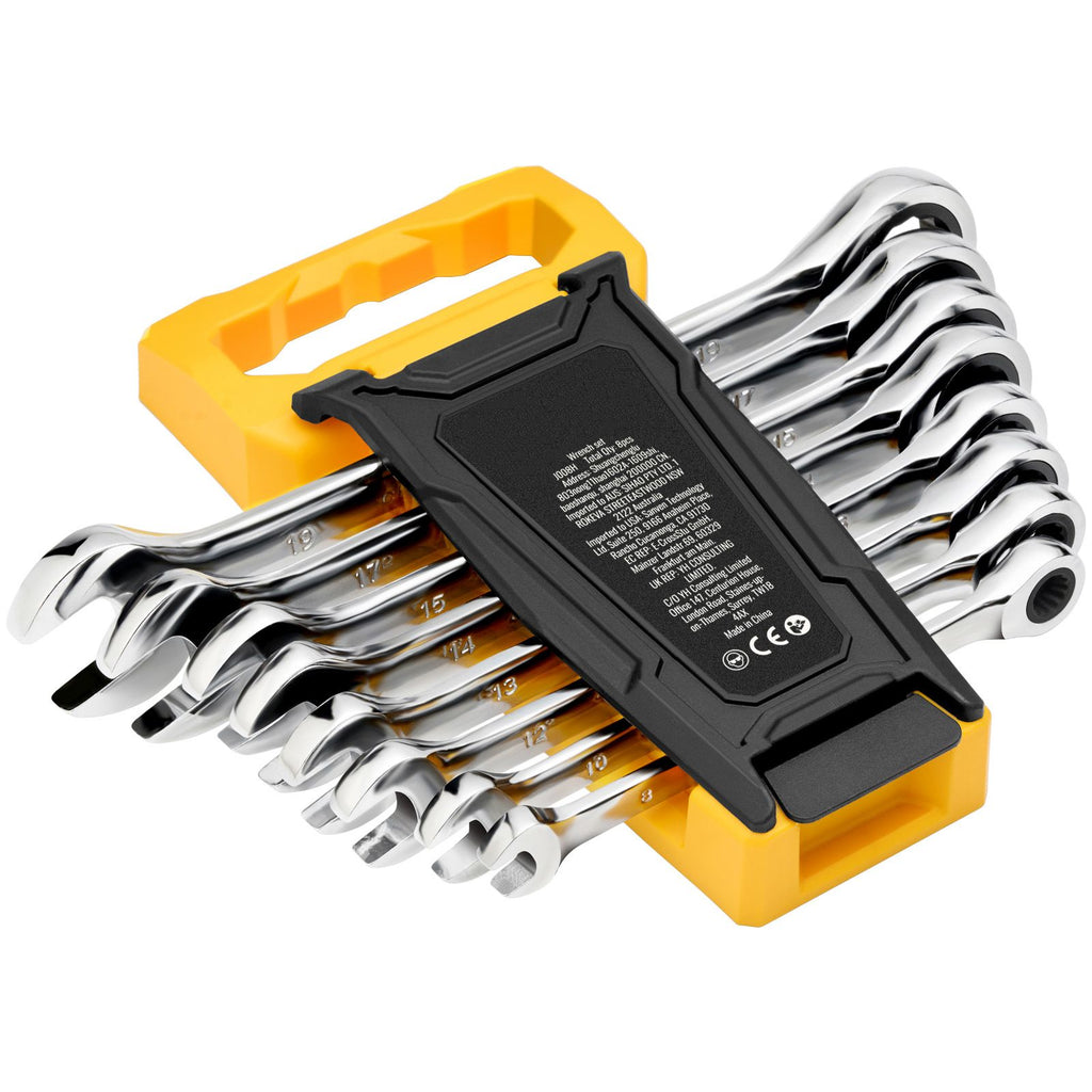 Combination Wrench Set, 8-Piece Ratcheting Wrench Set with Organizer Rack, Cr-V Steel Wrench Set Metric 8 mm to 19 mm, Ideal for General Household, Garage, Workshop, Auto Repairs, Emergency