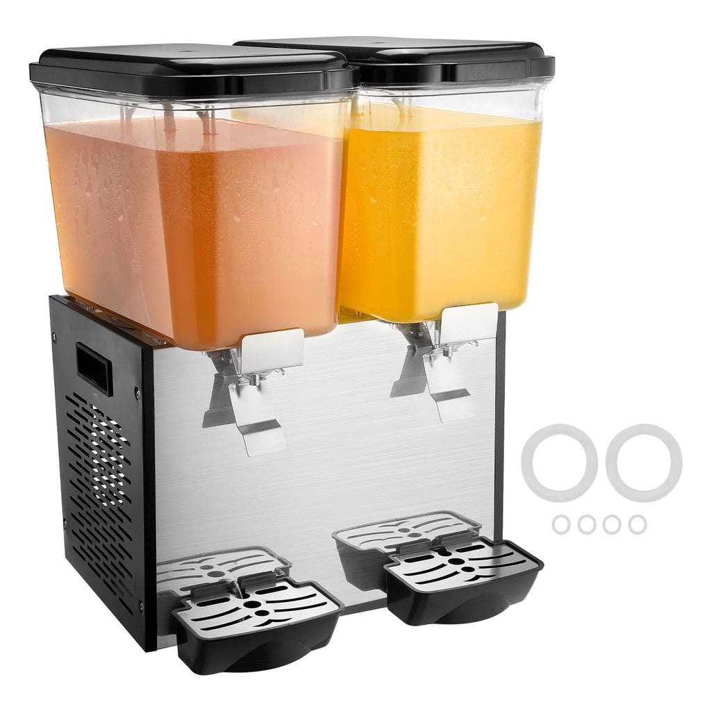 Commercial Beverage Dispenser, 2 Tanks 18 L / 19 QT Per Tank Juice Dispenser, 370W Stainless Steel Ice Tea Drink Machine with 45 Fahrenheit -54 Fahrenheit Cooling Temperature