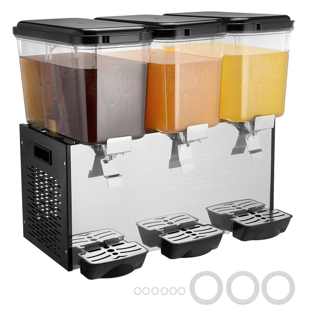 Commercial Beverage Dispenser, 3 Tanks 18 L / 19 QT Per Tank Juice Dispenser, 512W Stainless Steel Ice Tea Drink Machine with 45 Fahrenheit -54 Fahrenheit Cooling Temperature