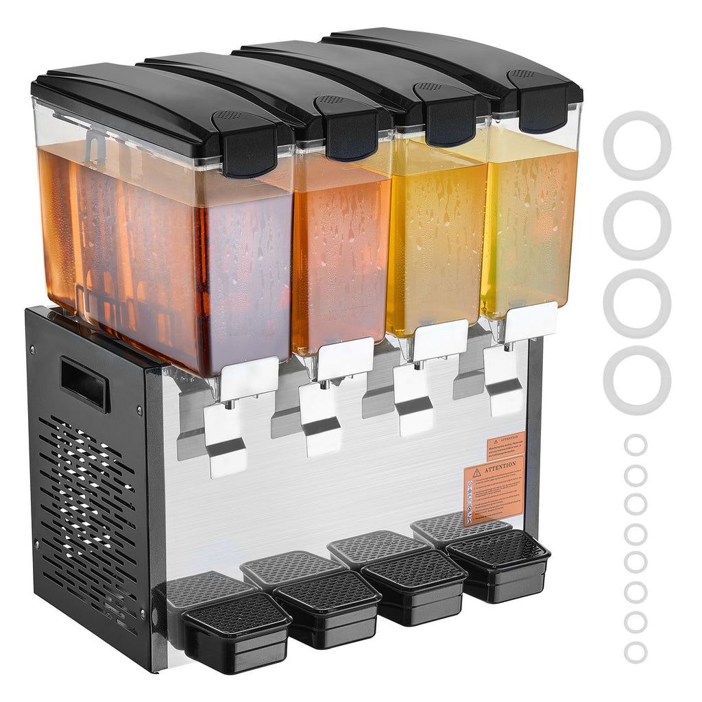 Commercial Beverage Dispenser, 4 Tanks 10 L / 10.6 QT Per Tank Juice Dispenser, 430W Stainless Steel Ice Tea Drink Machine with 45 Fahrenheit -54 Fahrenheit Cooling Temperature