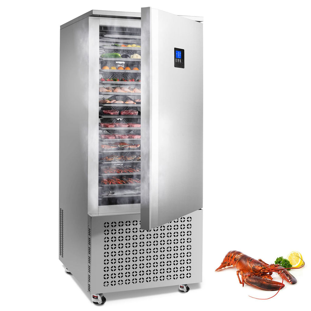 Commercial Blast Freezer, 370 L / 13.1 Cu.ft Blast Chiller with 15 Trays, Blast Chiller Freezer Chest with 4 Freezing Modes, Stainless Steel Food Blast Freezer with Casters