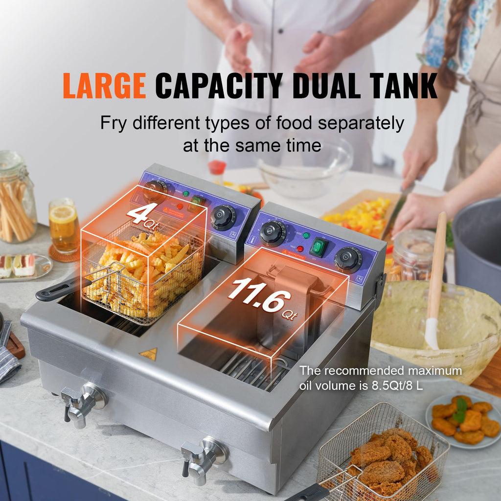 Commercial Deep Fryer, Dual Tank 3000W Electric Countertop Fryer with Basket, 2 x 11.6Qt/11L Double Stainless Steel Oil Fryer with Oil Filtration, Time & Temp Control, for Kitchen Restaurant Use
