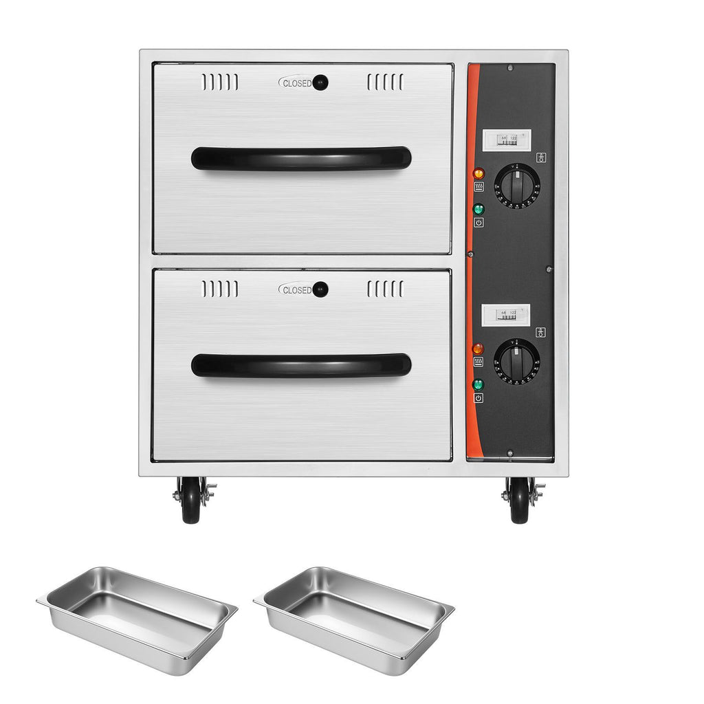 Commercial Electric Drawer Warmer, 2 Full-Size Pan Stainless Steel Food Warmer, Freestanding Standard Warming Drawer Cabinet, 85 Fahrenheit –185 Fahrenheit Wide Temperature Range