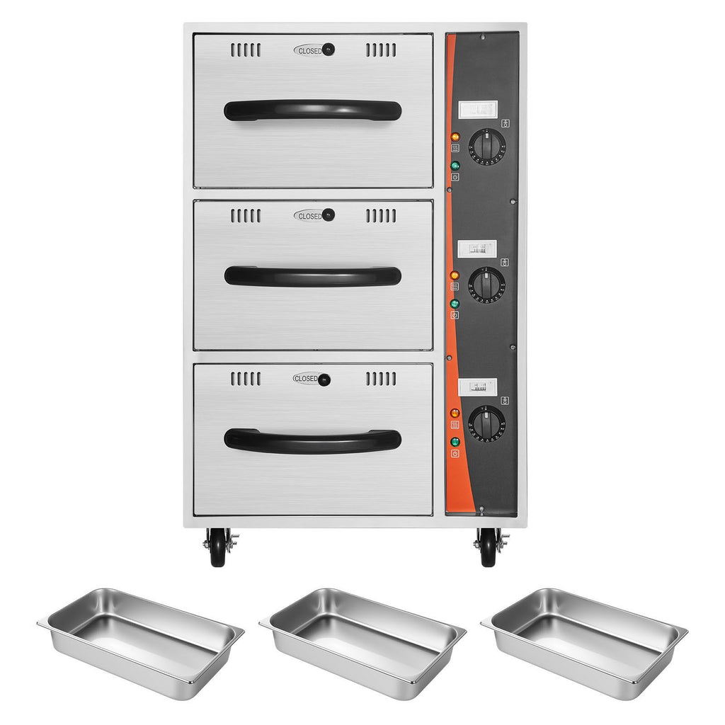 Commercial Electric Drawer Warmer, Three-Drawer Stainless Steel Food Warmer, Freestanding Compact Warming Drawer Cabinet, 85 -185 Fahrenheit Wide Temperature Range