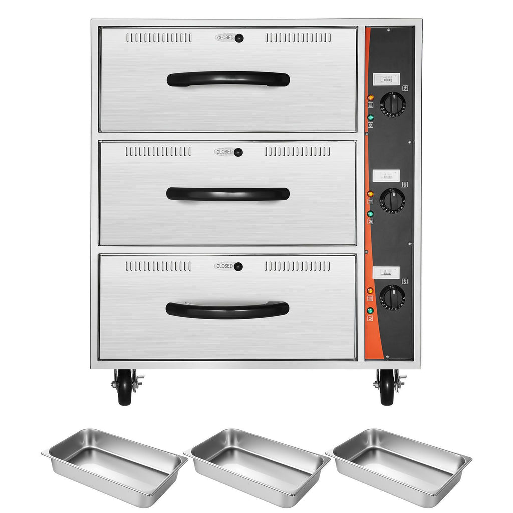Commercial Electric Drawer Warmer, Three-Drawer Stainless Steel Food Warmer, Freestanding Standard Warming Drawer Cabinet, 85 Fahrenheit –185 Fahrenheit Wide Temperature Range
