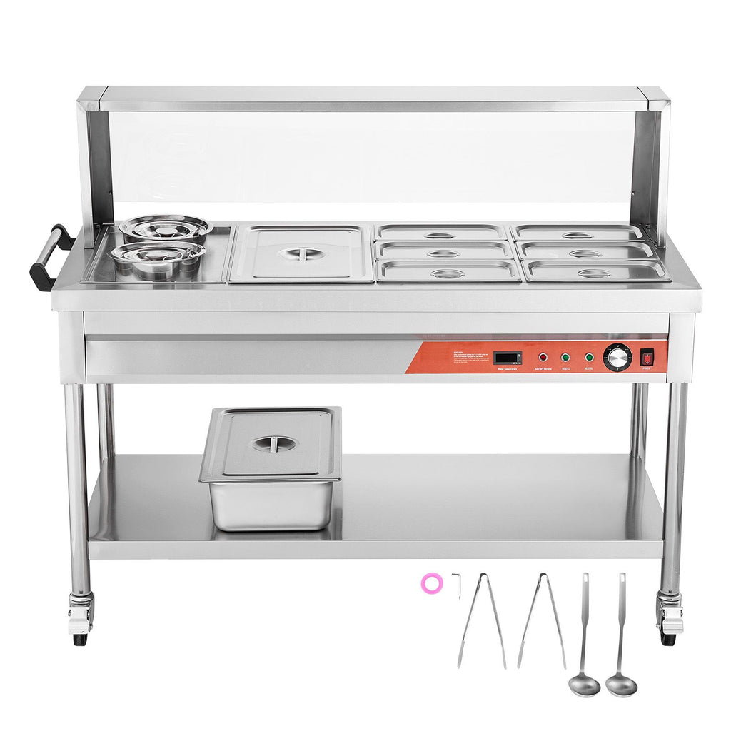 Commercial Electric Food Warmer, 7 Pans + 2 Pots Steam Table, 1800W Professional Buffet Catering Food Warmer with Shield Undershelf Wheels, Stainless Steel Server for Party Restaurant