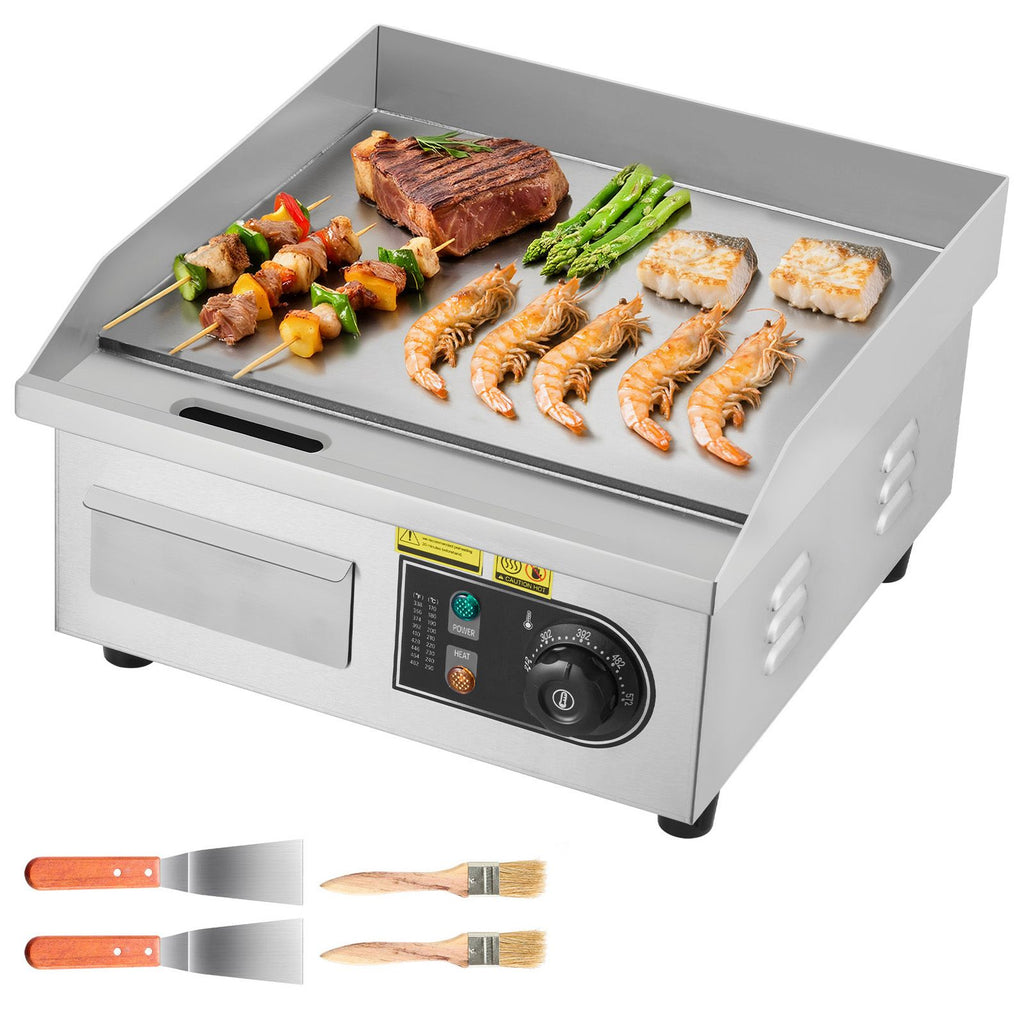 Commercial Electric Griddle, 13.98 x 11.81 inch, 1750W, 122-570°F Adjustable Temp Control, Stainless Steel Countertop Flat Top Grill with 2 Spatulas and 2 Brushes, for Steak, Pancake, Squid