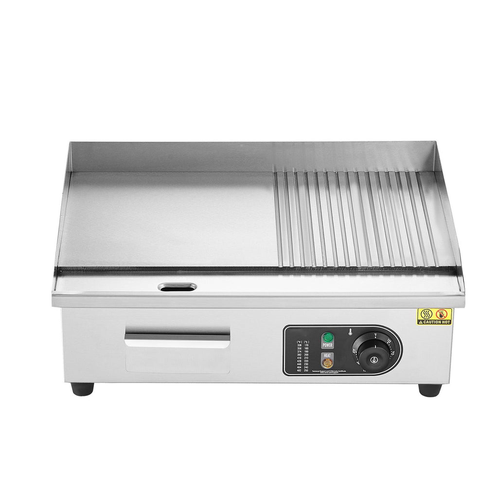 Commercial Electric Griddle, 1600W Countertop Half-Flat Top Grill, 122-572 F Adjustable Temp, 21.26x11.81x0.39in Stainless Steel Griddle Grill with 2 Shovels and 2 Brushes for Restaurant