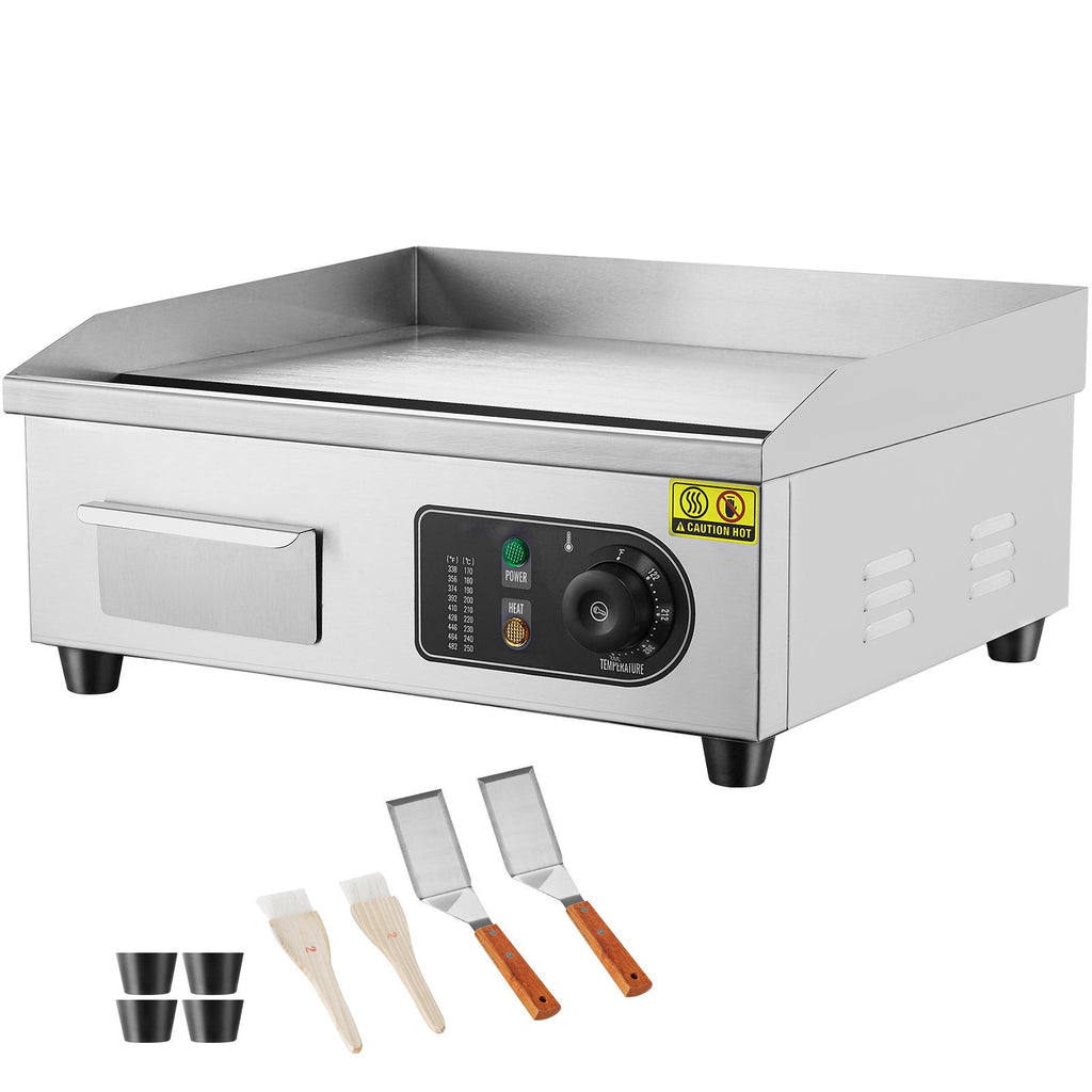 Commercial Electric Griddle, 1700W Countertop Flat Top Grill, 122-572 F Adjustable Temp, 17.72 x 11.81 x 0.39in Stainless Steel Griddle Grill with 2 Shovels and 2 Brushes for Home or Restaurant