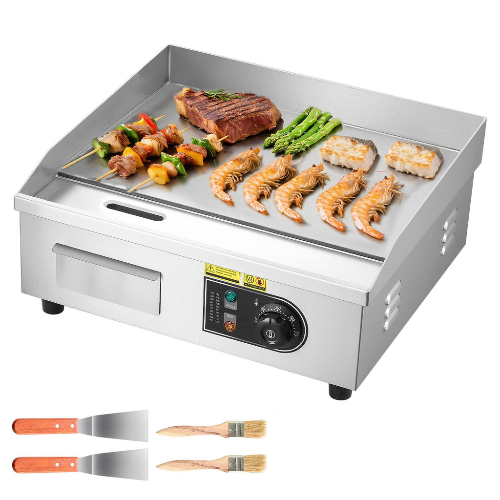 Commercial Electric Griddle, 17.72 x 11.81 inch, 1750W, 122-570°F Adjustable Temp Control, Stainless Steel Countertop Flat Top Grill with 2 Spatulas, 2 Brushes, and 4 Foot Pads, for Steak