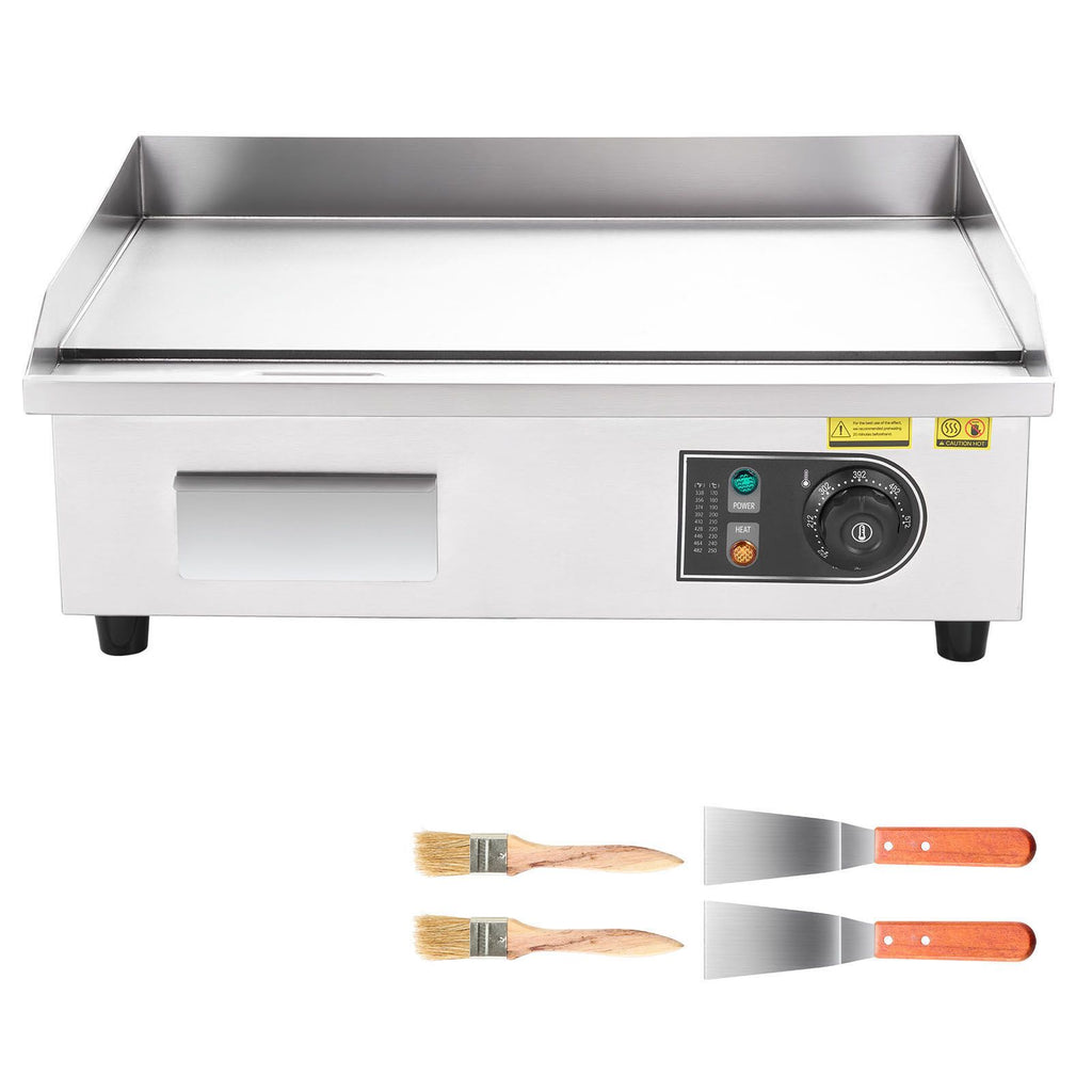 Commercial Electric Griddle, 21.06 x 11.81 inch, 3200W, 122-570 Fahrenheit Adjustable Temp Control, Stainless Steel Body, Full Flat, with 2 Spatulas, 2 Brushes, and 4 Foot Pads
