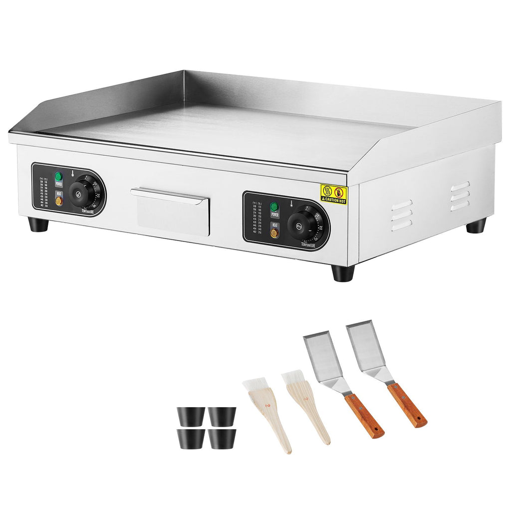 Commercial Electric Griddle, 2800W Countertop Flat Top Grill, 122-572 F Adjustable Temp, 25.98x15.75x0.39in Stainless Steel Griddle Grill with 2 Shovels, 2 Brushes, for Home Restaurant(No Plug)