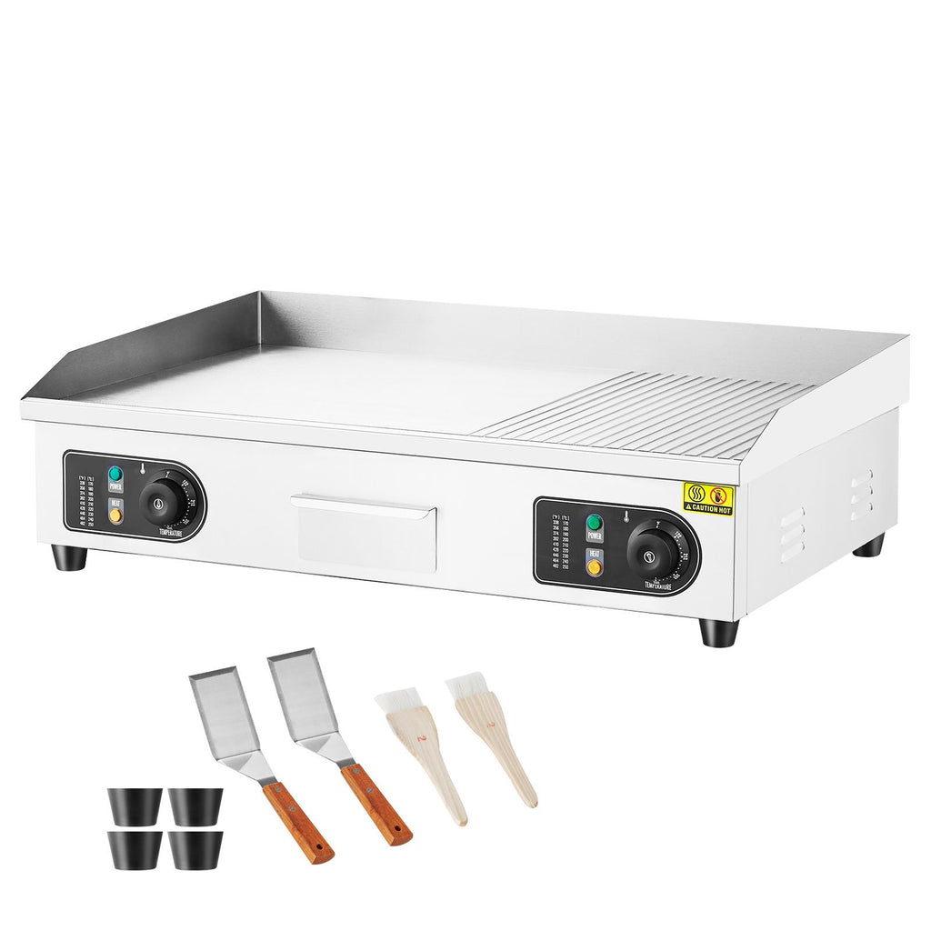 Commercial Electric Griddle, 2800W Countertop Half-Flat Top Grill, 122-572 F Adjustable Temp, 28.74x15.75x0.39in Stainless Steel Griddle Grill with 2 Shovels for Home or Restaurant (No Plug)
