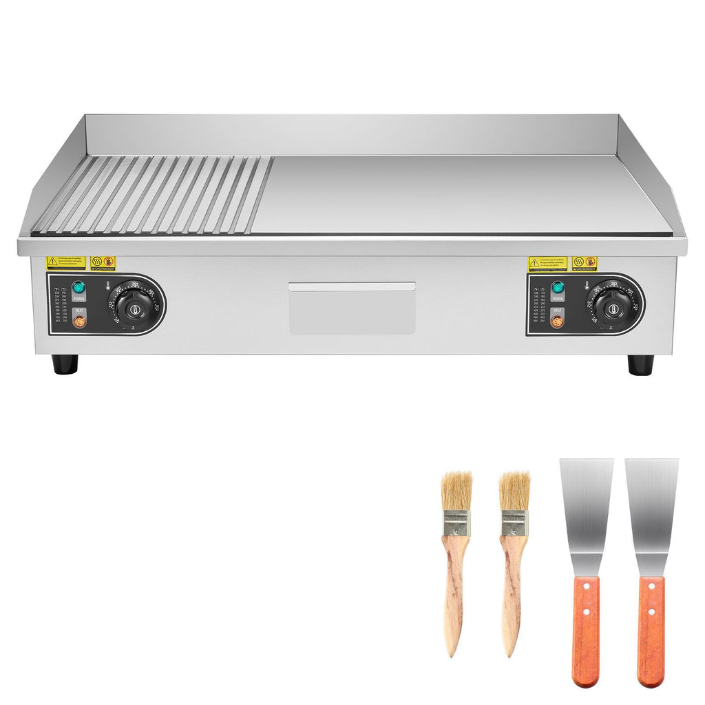 Commercial Electric Griddle, 28.54 x 15.75 in, 2800W, 122-570°F Adjustable Temp Control, Stainless Steel, Half Grooved Half Flat, with 2 Spatulas, 2 Brushes, and 4 Foot Pads, for Steak(NO PLUG)