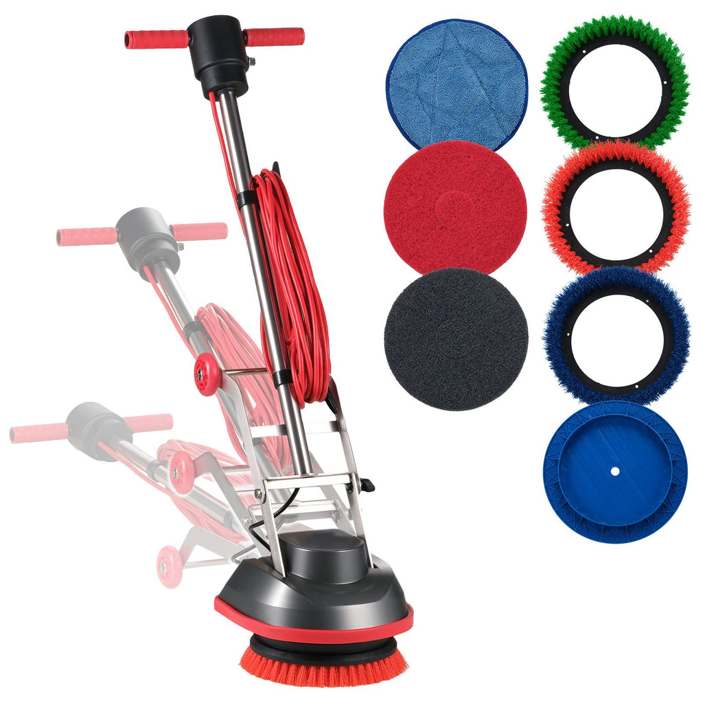 Commercial Floor Scrubber Machine, Heavy Duty Floor Cleaner Polisher with 2 Wheels, Professional Electric Carpet Buffer, Max 1900 RPM, 43 FT Cord, 3 Pads & 3 Brushes - All Floor Surfaces