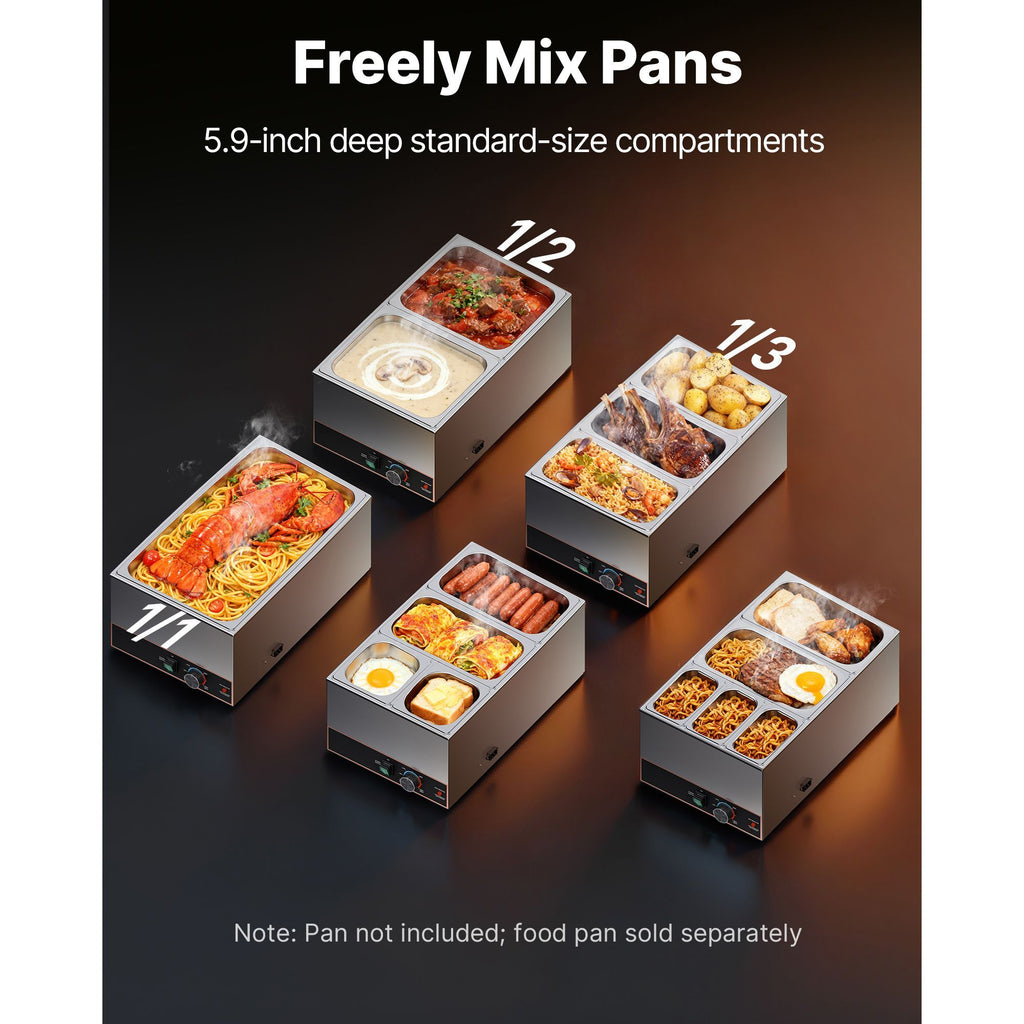 Commercial Food Warmer, 1500W Electric Stainless Steel Steam Food Warmer, Fast Heating Countertop Buffet Bain Marie with Power Cord & Divider Strip, for Catering, Restaurants, Parties, Buffets