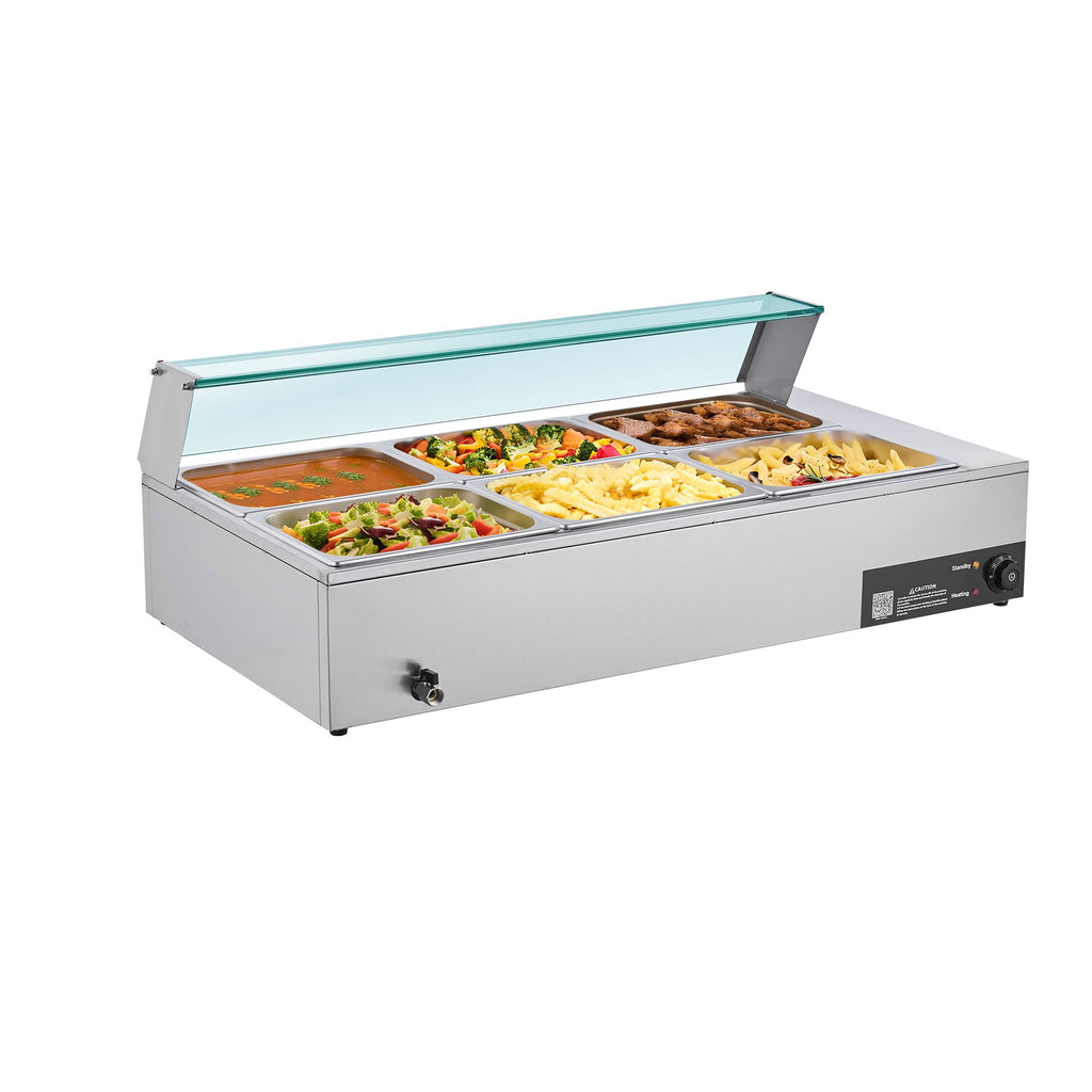 Commercial Food Warmer, 1500W Electric Stainless Steel Steam Food Warmer with Glass Cover, 6 x 1/2 Size Pans Buffet Bain Marie with Soup & Perforated Ladles, for Catering, Restaurant & Party