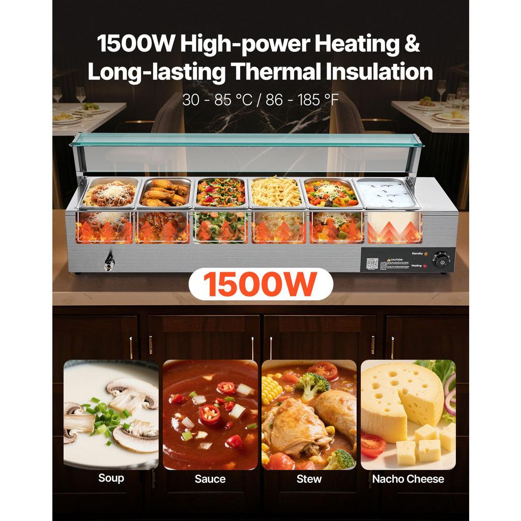 Commercial Food Warmer, 1500W Electric Stainless Steel Steam Food Warmer with Glass Cover, 6 x 1/3 Size Pans Buffet Bain Marie with Soup & Perforated Ladles, for Catering, Restaurant & Party image 2