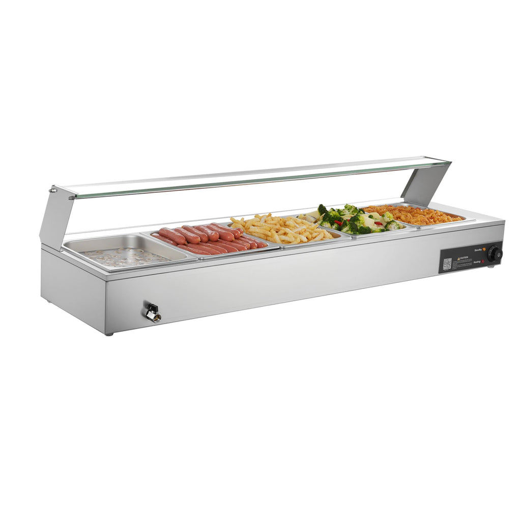 Commercial Food Warmer, 1500W Electric Stainless Steel Steam Food Warmer with Glass Cover, Countertop Buffet Bain Marie with Five 1/2 Size Food Pans, for Catering, Restaurant, Party & Buffets