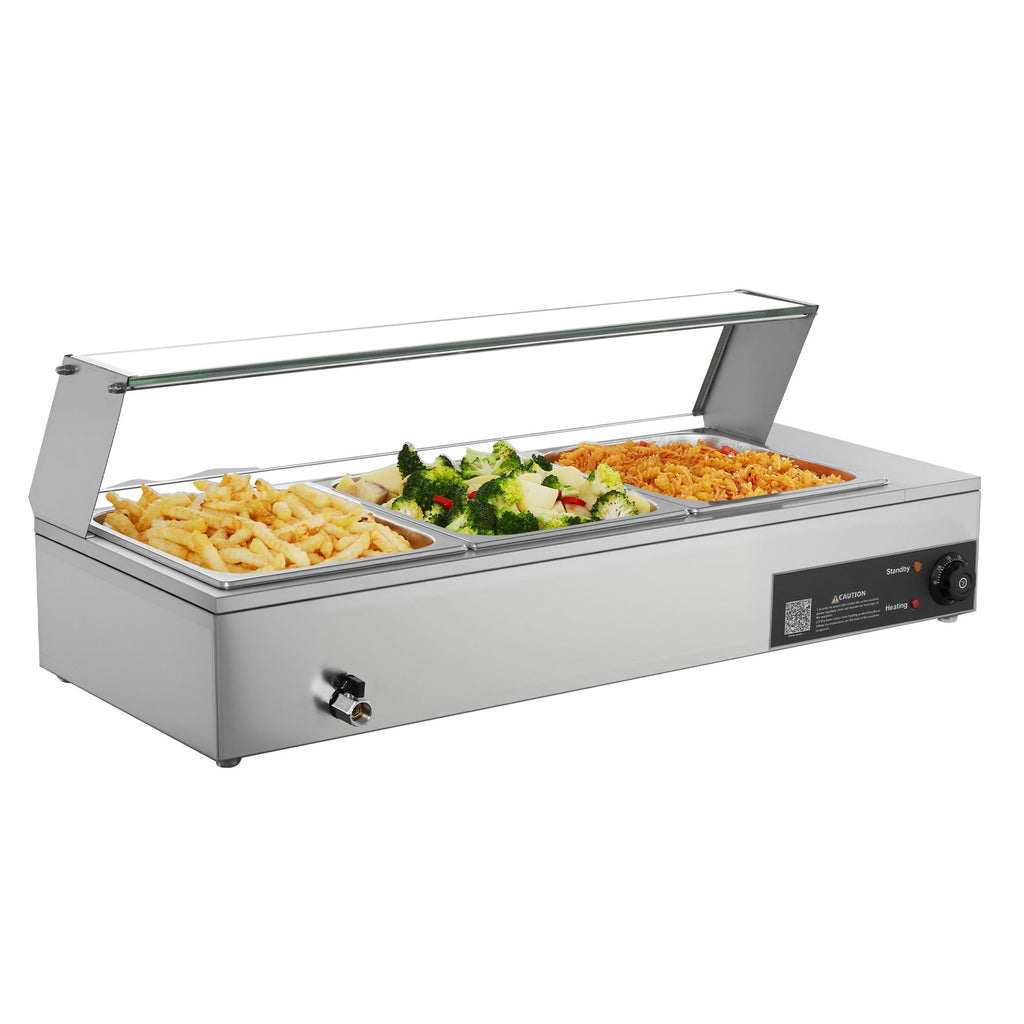Commercial Food Warmer, 1500W Electric Stainless Steel Steam Food Warmer with Glass Cover, Countertop Buffet Bain Marie with Three 1/2 Size Food Pans, for Catering, Restaurant, Party & Buffets