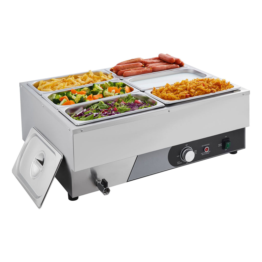 Commercial Food Warmer, 1500W Electric Stainless Steel Steam Food Warming with Lid, Fast Heating Countertop Buffet Bain Marie with Six 1/3 Size Food Pans, for Catering, Restaurant and Party