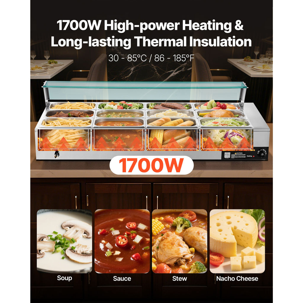 Commercial Food Warmer, 1700W Electric Stainless Steel Steam Food Warmer with Glass Cover, 12-Pan Countertop Buffet Bain Marie with Soup & Perforated Ladles, for Catering, Restaurant & Party image 2