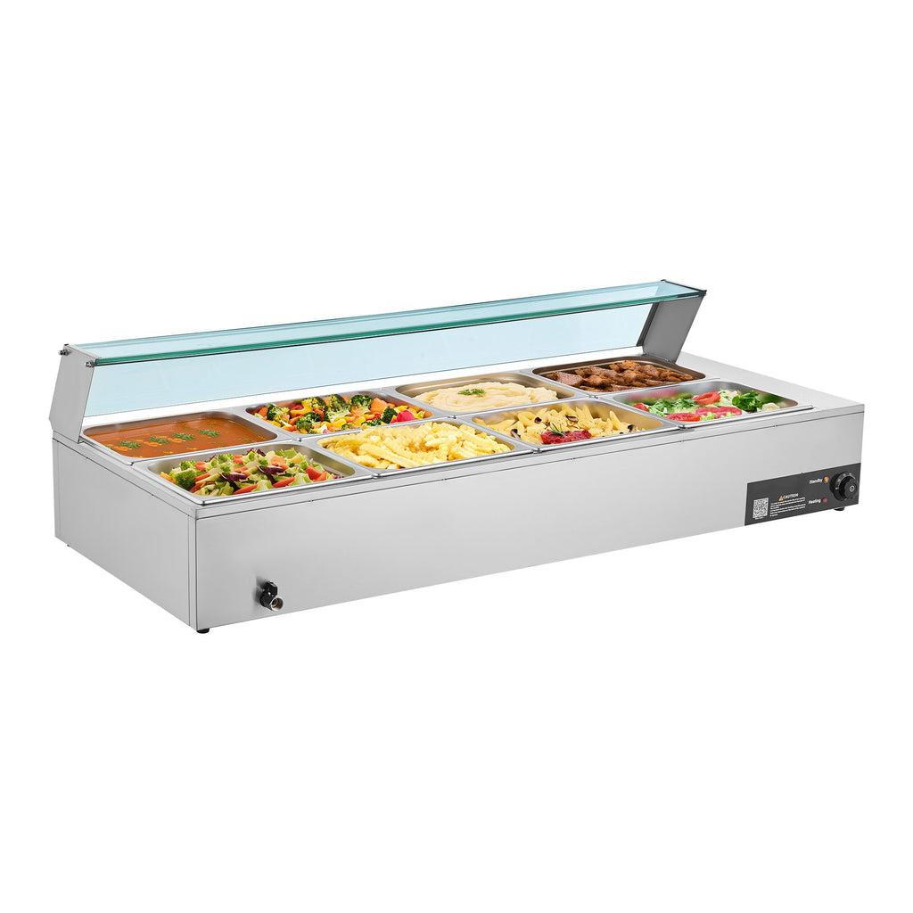Commercial Food Warmer, 1700W Electric Stainless Steel Steam Food Warmer with Glass Cover, 8-Pan Countertop Buffet Bain Marie with Soup & Perforated Ladles, for Catering, Restaurant & Party