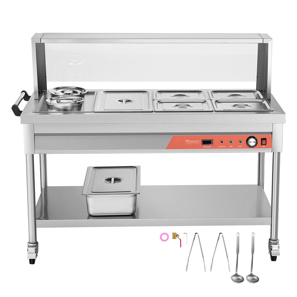 Commercial Food Warmer, 5 Pans + 2 Pots Electric Steam Table, 1800W Professional Buffet Catering Food Warmer with Shield Undershelf Wheels, Stainless Steel Server for Party Restaurant Hotel