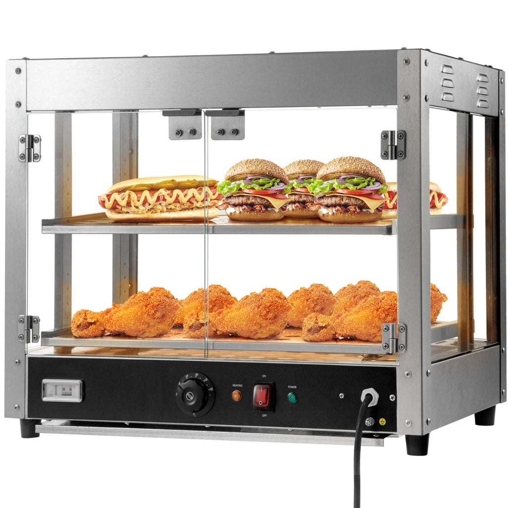 Commercial Food Warmer Display, 2 Tiers, 800W Pizza Warmer with 3D Heating 3-Color Lighting Bottom Fan, Countertop Pastry Warmer with Temp Knob & Display 0.6L Water Tray, Stainless Frame Glass D