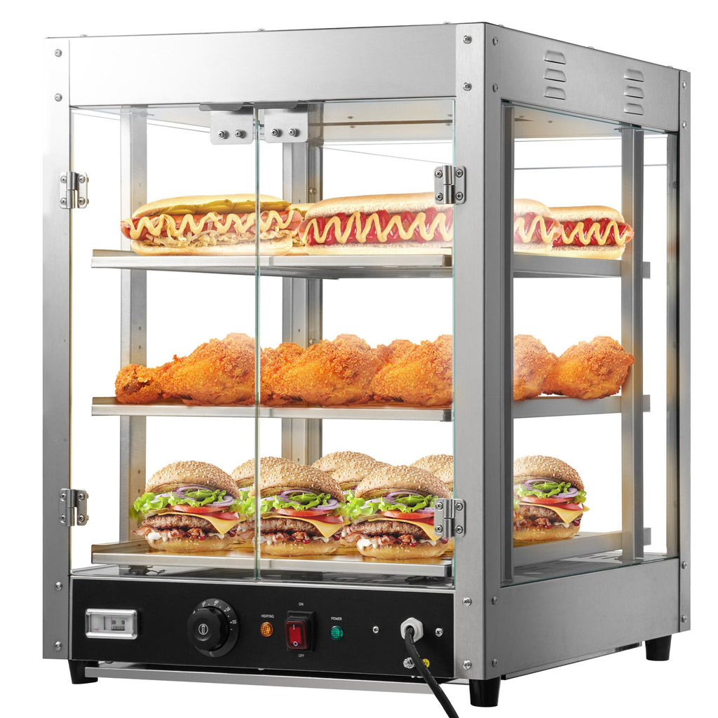Commercial Food Warmer Display, 3 Tiers, 800W Pizza Warmer with 3D Heating 3-Color Lighting Bottom Fan, Countertop Pastry Warmer with Temp Knob & Display 0.6L Water Tray, Stainless Frame Glass D