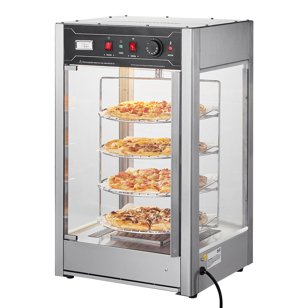 Commercial Food Warmer Display for 14" Pizza, 4-Tier Pizza Warmer with Rotary Steam Heating, 86 Fahrenheit~185 Fahrenheit Temperature Control and Temp Display, 25W Oven Light + Top LED