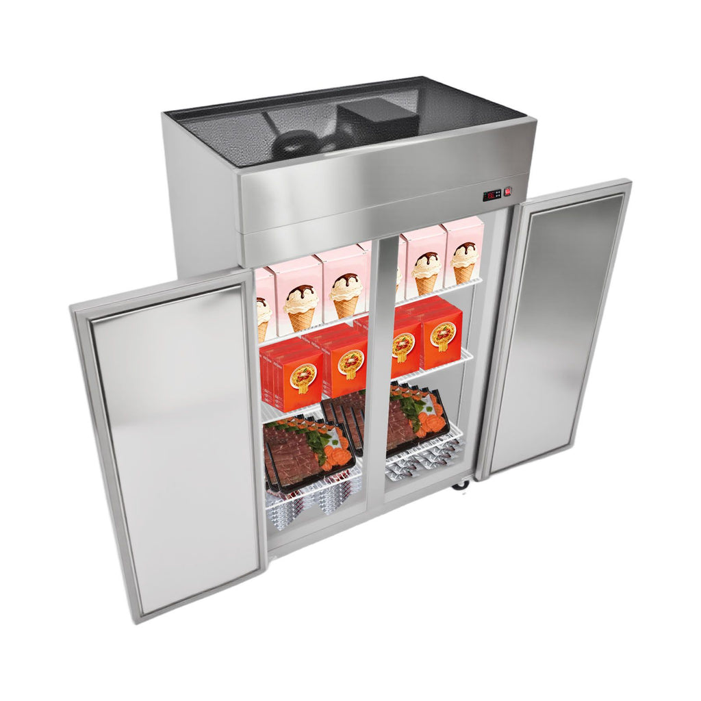 Commercial Freezer, 31.89 in Width Reach In Upright-Freezer Double Door, 32.1 Cu.ft Auto-Defrost Stainless Steel Freezer with 8 Adjustable Shelves, -11 to 14 F Temp Control, LED Light, 4 Wheels