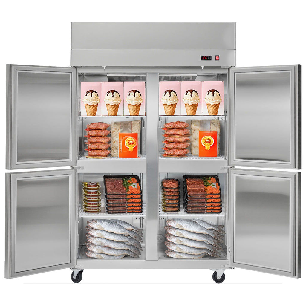 Commercial Freezer, 31.89 in Width Reach In Upright-Freezer Four Door, 31.4 Cu.ft Auto-Defrost Stainless Steel Freezer with 6 Adjustable Shelves, -11 to 14 F Temp Control, LED Light, 4 Wheels