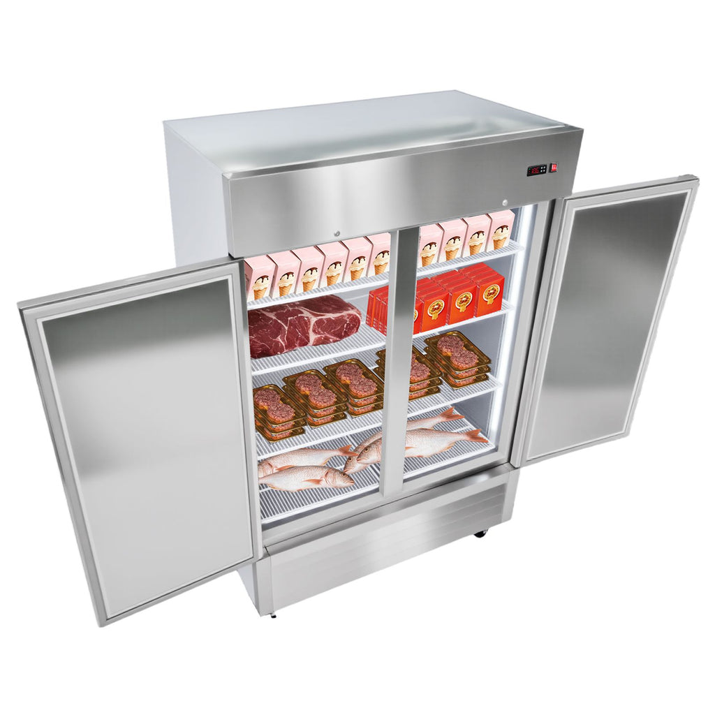 Commercial Freezer, 32.2 in Width Reach In Upright-Freezer Double Door, 43.2 Cu.ft Auto-Defrost Stainless Steel Freezer with 8 Adjustable Shelves, -11 to 14 F Temp Control, LED Light, 4 Wheels