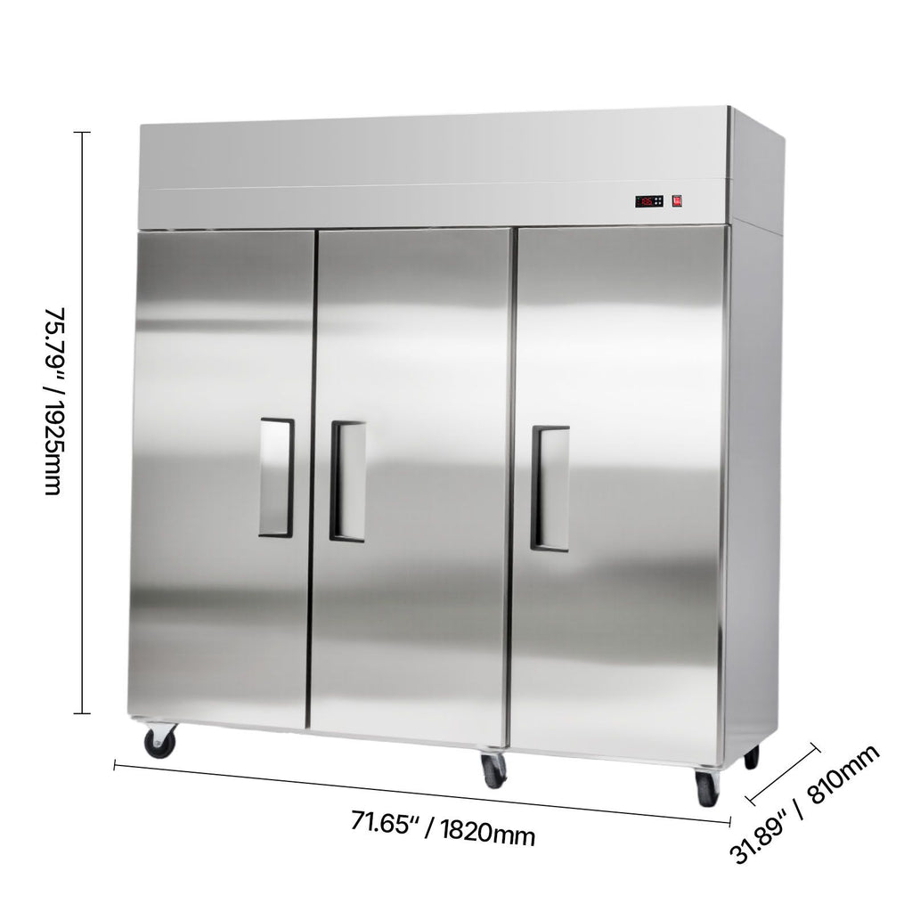 Commercial Freezer, 71.65 in Width Reach In Upright-Freezer Three Door, 50.2 Cu.ft Auto-Defrost Freezer with 12 Adjustable Shelves, -11 to 14 Fahrenheit Temp Control, LED Light, 4 Wheels