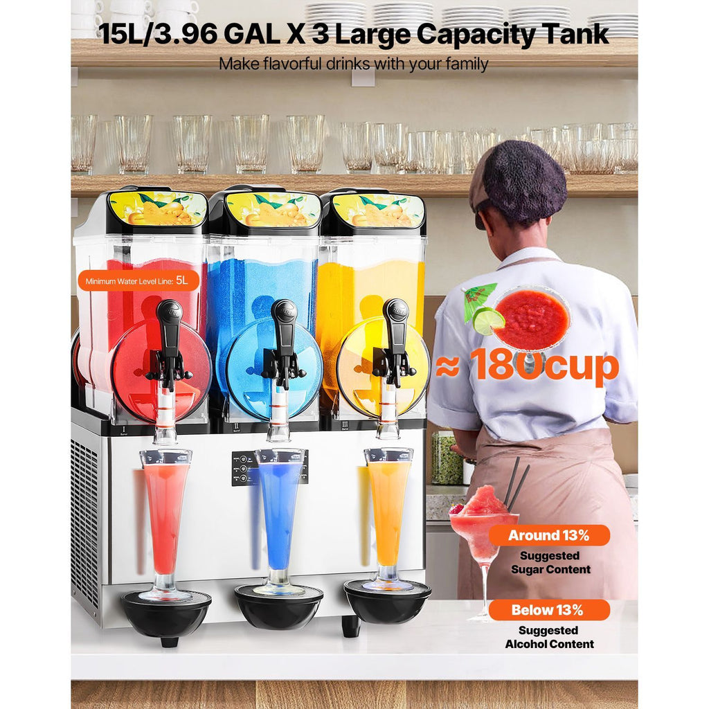 Commercial Frozen Drink Maker, 15Lx3 Triple Tank Slushy Machine, 180 Cups Stainless Steel Margarita Smoothie Frozen Drink Machine, Slushie Maker for Home Party Restaurants Cafe Bars