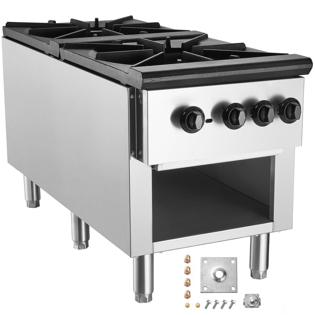 Commercial Gas Stove with 2 Burners, Propane and Natural Gas Countertop Cooking Stove Range, Stainless Steel Gas Hot Plate, Commercial Cooking Equipment for Restaurant, 180,000 BTU