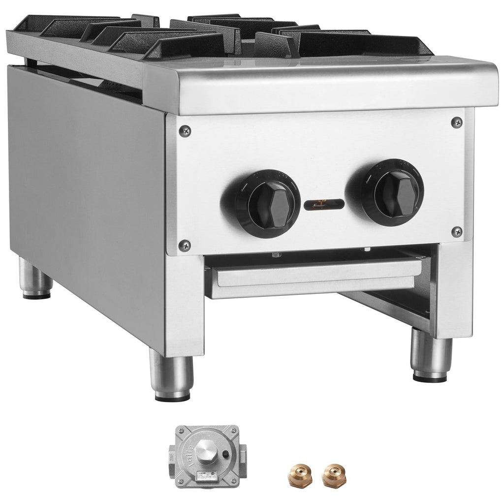 Commercial Gas Stove with 2 Burners, Propane and Natural Gas Countertop Cooking Stove Range, Stainless Steel Gas Hot Plate, Commercial Cooking Equipment for Restaurant, 56,000 BTU